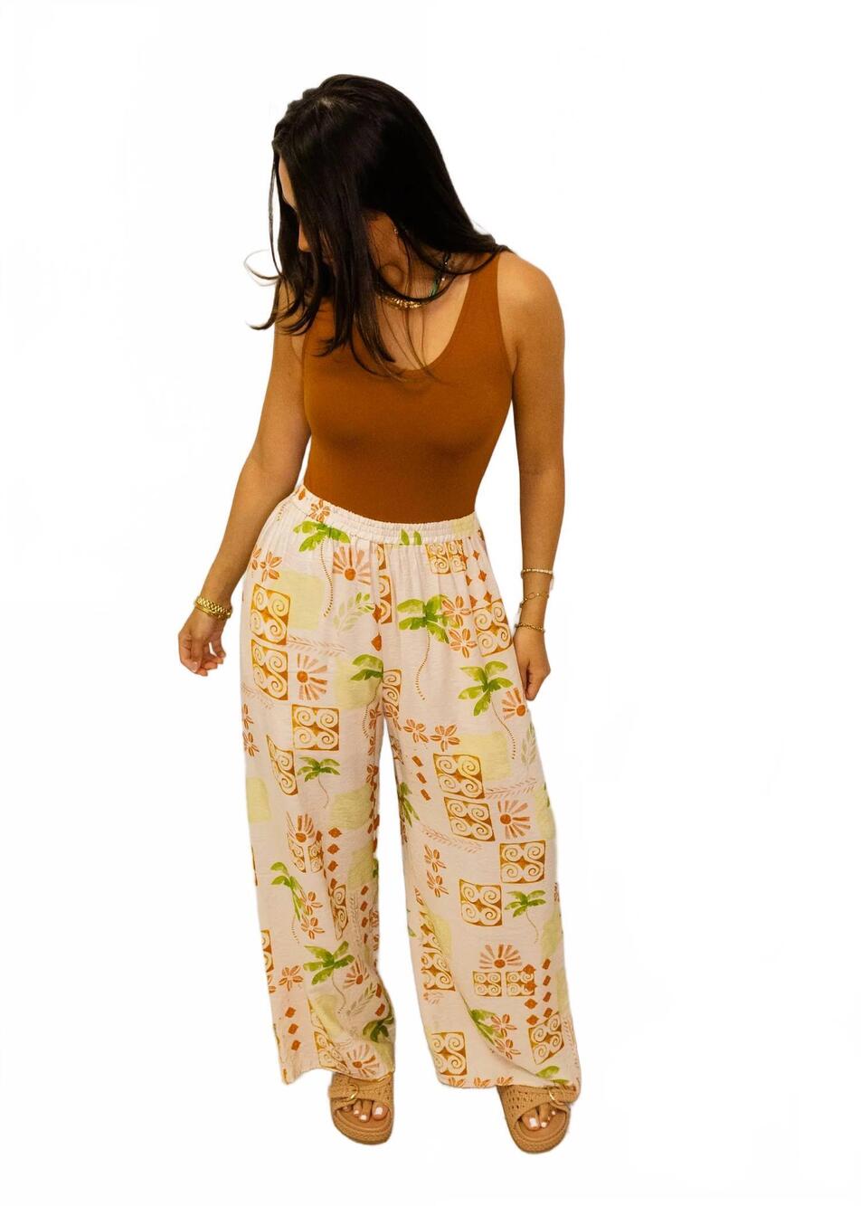 NEW FATE tropical print wide leg pants in ivory multi